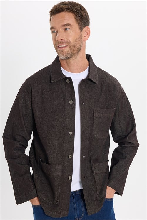 Erkek Relax Fit Rahat Kesim Pamuklu Denim 3 Cepli Kahverengi Gömlek Ceket