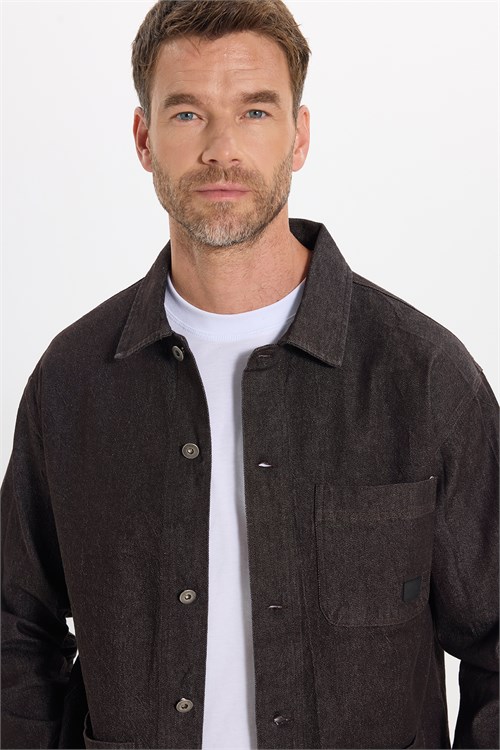 Erkek Relax Fit Rahat Kesim Pamuklu Denim 3 Cepli Kahverengi Gömlek Ceket