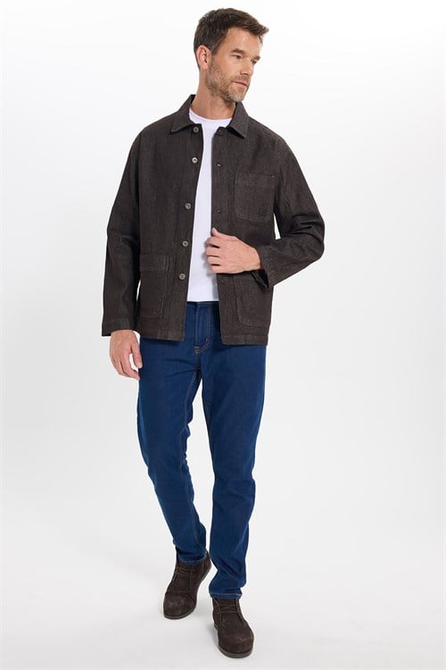 Erkek Relax Fit Rahat Kesim Pamuklu Denim 3 Cepli Kahverengi Gömlek Ceket
