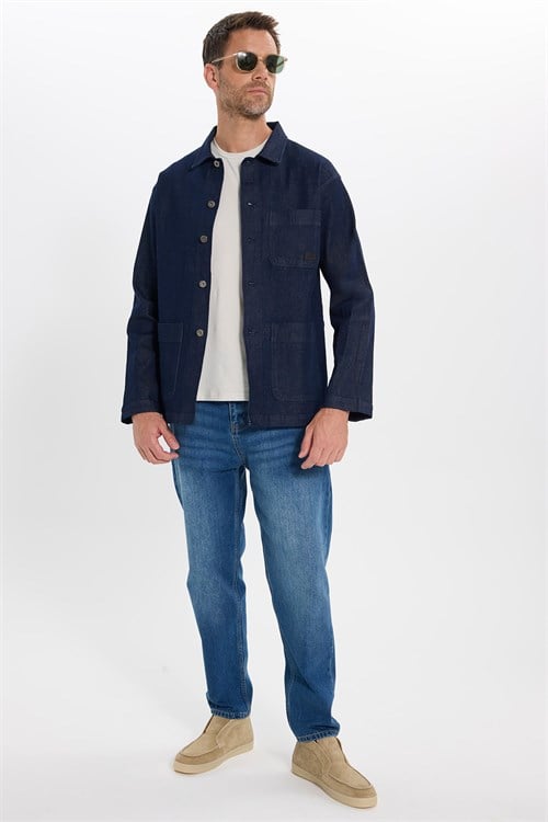 Erkek Relax Fit Rahat Kesim Pamuklu Denim 3 Cepli Lacivert Gömlek Ceket