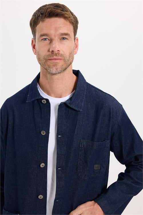 Erkek Relax Fit Rahat Kesim Pamuklu Denim 3 Cepli Lacivert Gömlek Ceket