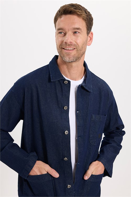 Erkek Relax Fit Rahat Kesim Pamuklu Denim 3 Cepli Lacivert Gömlek Ceket