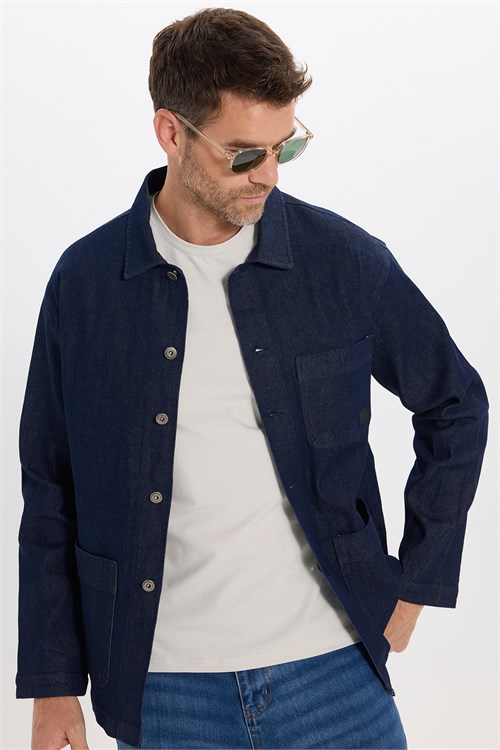 Erkek Relax Fit Rahat Kesim Pamuklu Denim 3 Cepli Lacivert Gömlek Ceket