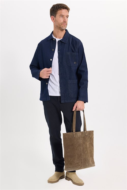Erkek Relax Fit Rahat Kesim Pamuklu Denim 3 Cepli Lacivert Gömlek Ceket