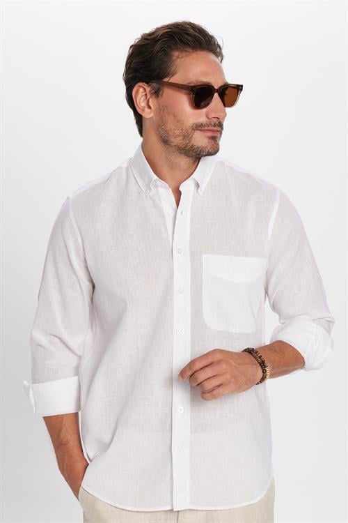 Erkek Regular Fit Klasik Kesim Oversize Pamuklu Keten Doku Düğmeli Yaka Beyaz Gömlek