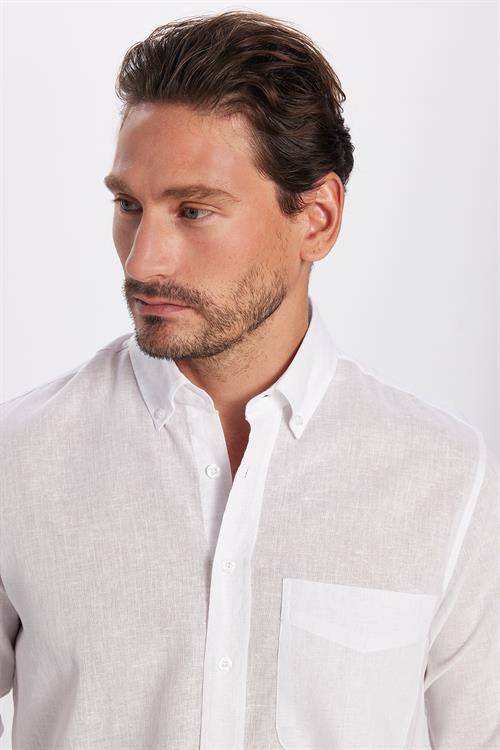 Erkek Regular Fit Klasik Kesim Oversize Pamuklu Keten Doku Düğmeli Yaka Beyaz Gömlek