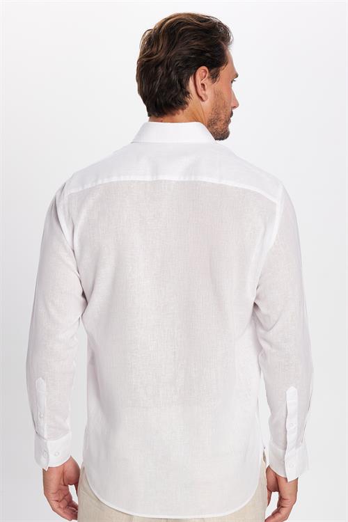 Erkek Regular Fit Klasik Kesim Oversize Pamuklu Keten Doku Düğmeli Yaka Beyaz Gömlek