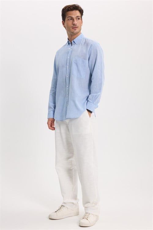 Erkek Regular Fit Klasik Kesim Oversize Pamuklu Keten Doku Düğmeli Yaka Mavi Gömlek
