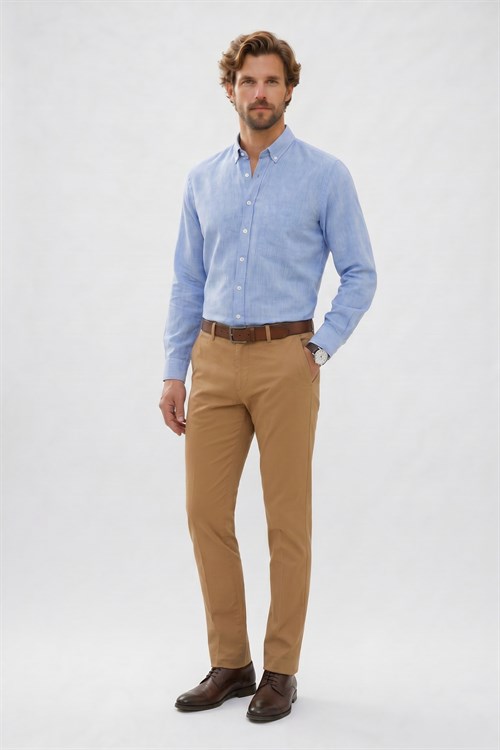 Erkek Regular Fit Klasik Kesim Oversize Pamuklu Keten Doku Düğmeli Yaka Mavi Gömlek