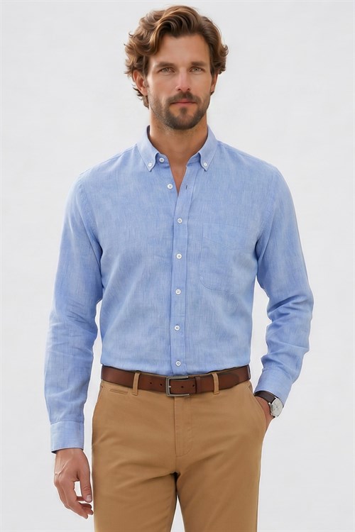 Erkek Regular Fit Klasik Kesim Oversize Pamuklu Keten Doku Düğmeli Yaka Mavi Gömlek