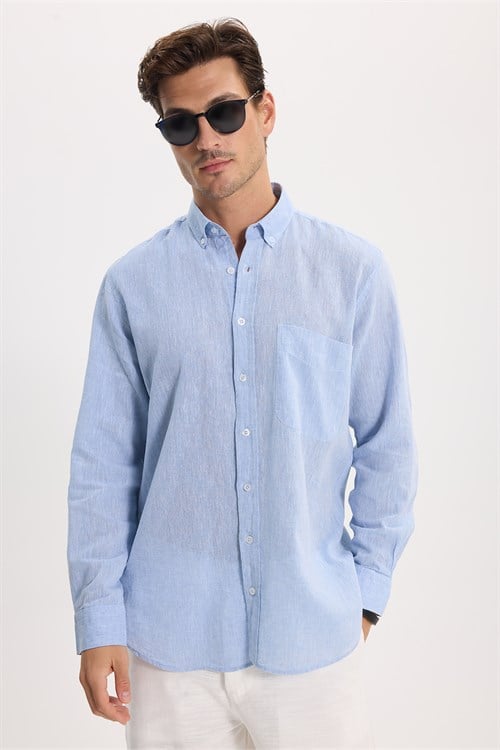 Erkek Regular Fit Klasik Kesim Oversize Pamuklu Keten Doku Düğmeli Yaka Mavi Gömlek