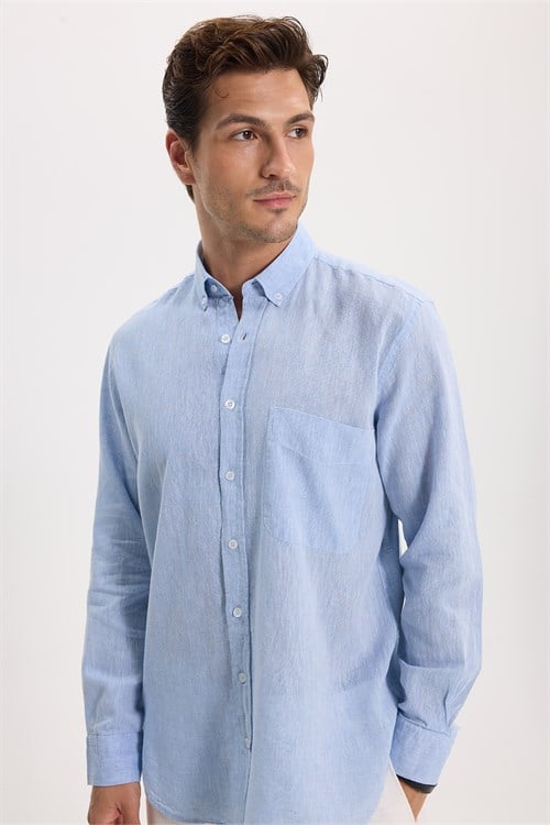 Erkek Regular Fit Klasik Kesim Oversize Pamuklu Keten Doku Düğmeli Yaka Mavi Gömlek