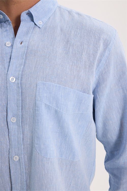 Erkek Regular Fit Klasik Kesim Oversize Pamuklu Keten Doku Düğmeli Yaka Mavi Gömlek