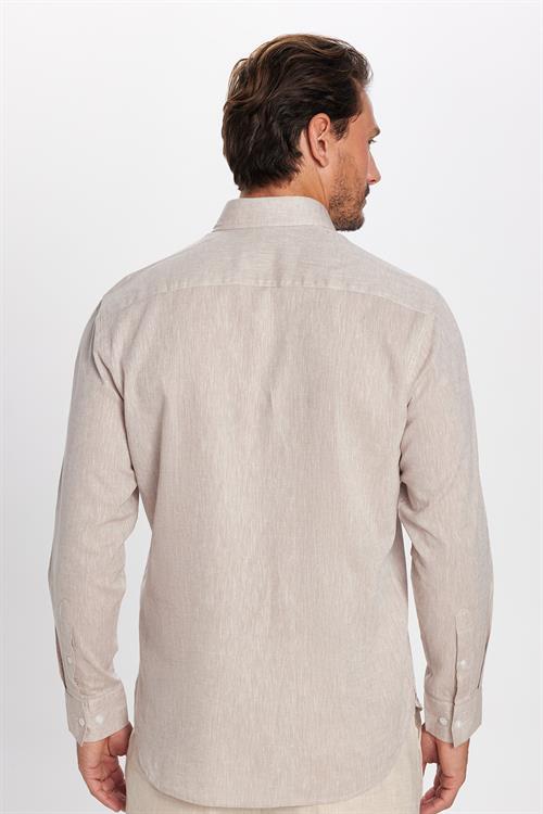 Erkek Regular Fit Klasik Kesim Oversize Pamuklu Keten Doku Düğmeli Yaka Taş Gömlek