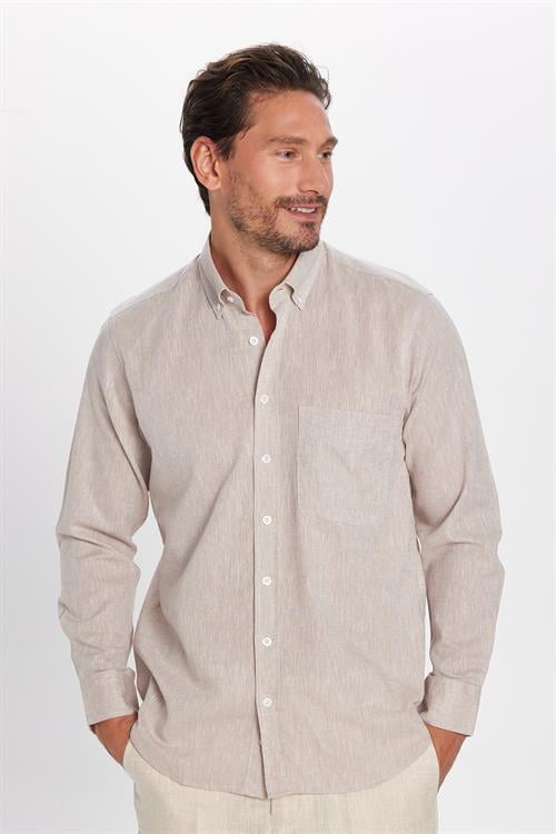 Erkek Regular Fit Klasik Kesim Oversize Pamuklu Keten Doku Düğmeli Yaka Taş Gömlek