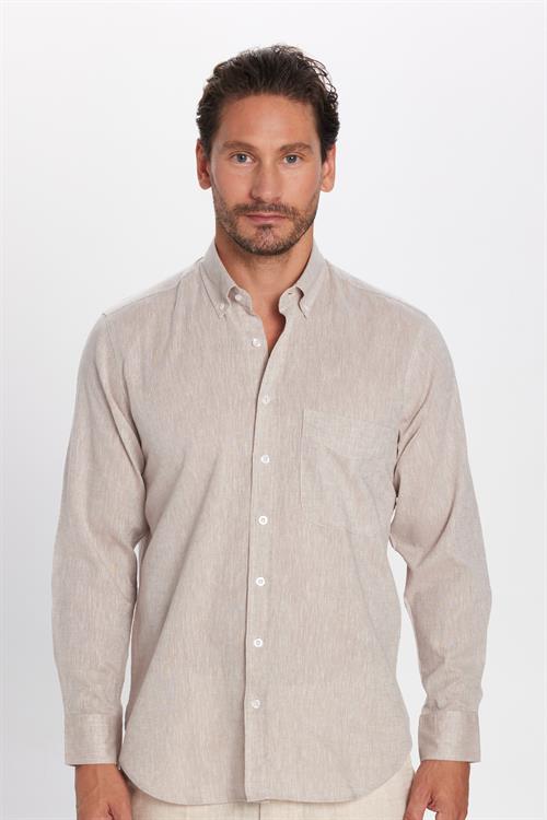 Erkek Regular Fit Klasik Kesim Oversize Pamuklu Keten Doku Düğmeli Yaka Taş Gömlek