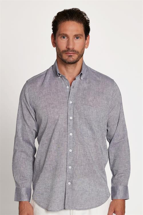Erkek Regular Fit Klasik Kesim Oversize Pamuklu Keten Doku Düğmeli Yaka Gri Gömlek