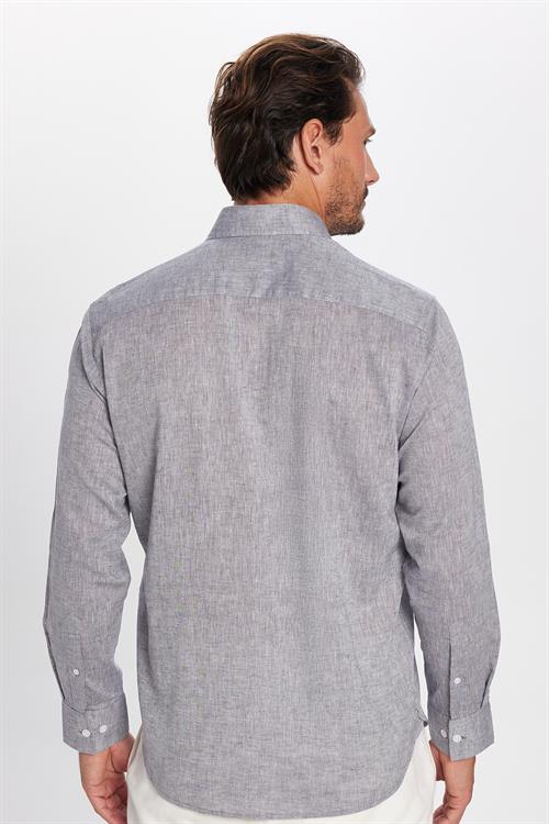 Erkek Regular Fit Klasik Kesim Oversize Pamuklu Keten Doku Düğmeli Yaka Gri Gömlek