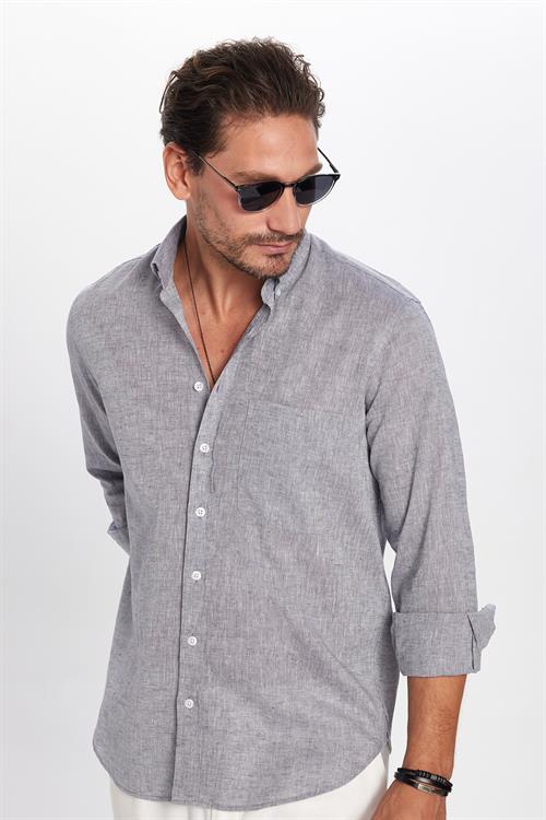 Erkek Regular Fit Klasik Kesim Oversize Pamuklu Keten Doku Düğmeli Yaka Gri Gömlek