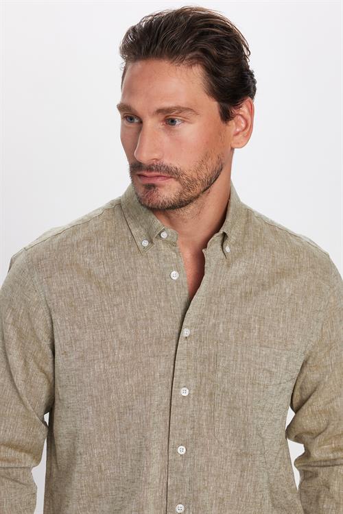 Erkek Regular Fit Klasik Kesim Oversize Pamuklu Keten Doku Düğmeli Yaka Yeşil Gömlek