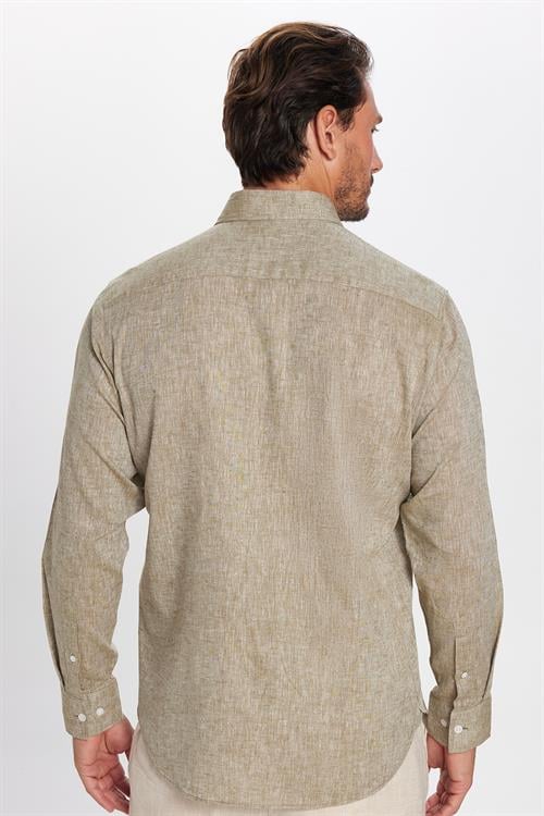 Erkek Regular Fit Klasik Kesim Oversize Pamuklu Keten Doku Düğmeli Yaka Yeşil Gömlek