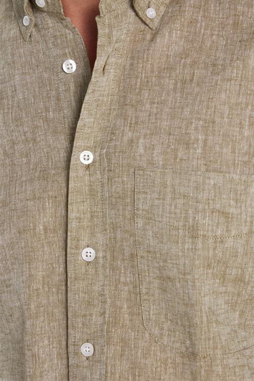 Erkek Regular Fit Klasik Kesim Oversize Pamuklu Keten Doku Düğmeli Yaka Yeşil Gömlek