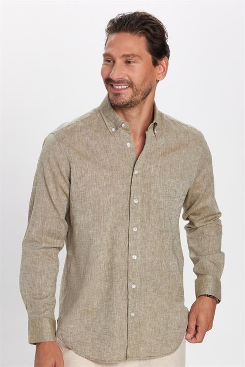 Erkek Regular Fit Klasik Kesim Oversize Pamuklu Keten Doku Düğmeli Yaka Yeşil Gömlek