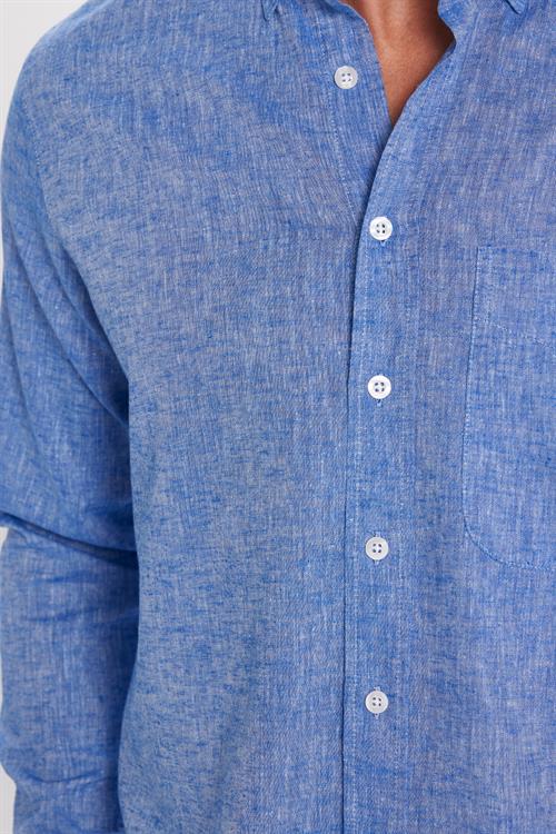 Erkek Regular Fit Klasik Kesim Oversize Pamuklu Keten Doku Düğmeli Yaka Koyu Mavi Gömlek