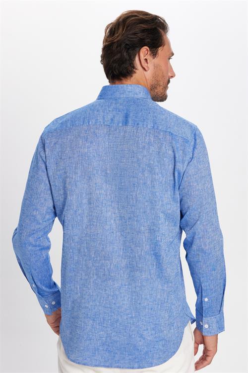 Erkek Regular Fit Klasik Kesim Oversize Pamuklu Keten Doku Düğmeli Yaka Koyu Mavi Gömlek