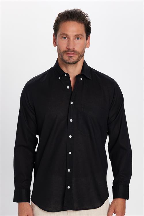 Erkek Regular Fit Klasik Kesim Oversize Pamuklu Keten Doku Düğmeli Yaka Siyah Gömlek