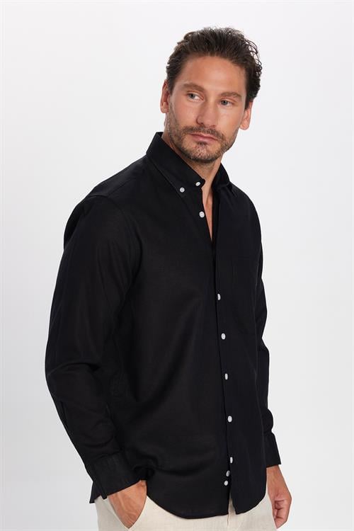 Erkek Regular Fit Klasik Kesim Oversize Pamuklu Keten Doku Düğmeli Yaka Siyah Gömlek