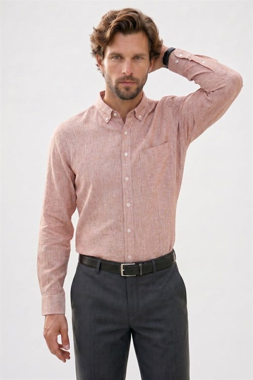 Erkek Regular Fit Klasik Kesim Oversize Pamuklu Keten Doku Düğmeli Yaka Kahverengi Gömlek