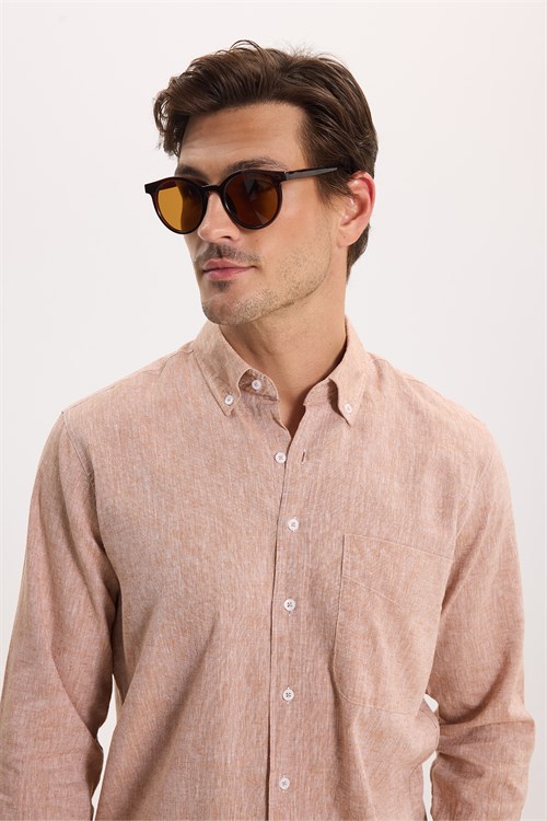 Erkek Regular Fit Klasik Kesim Oversize Pamuklu Keten Doku Düğmeli Yaka Kahverengi Gömlek