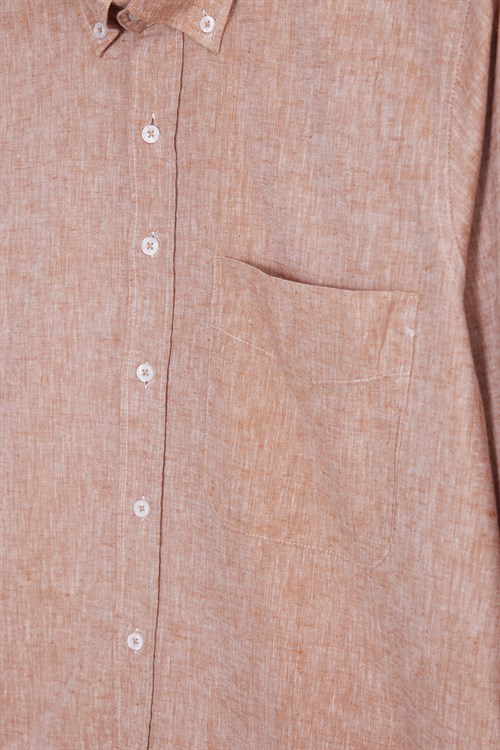 Erkek Regular Fit Klasik Kesim Oversize Pamuklu Keten Doku Düğmeli Yaka Kahverengi Gömlek