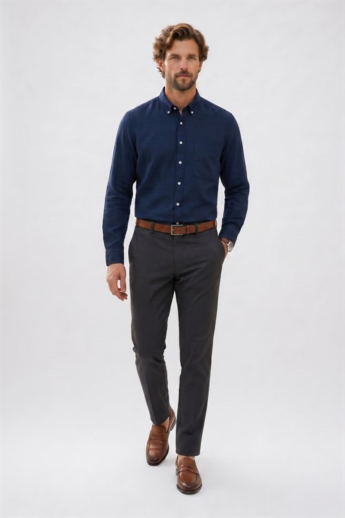 Erkek Regular Fit Klasik Kesim Oversize Pamuklu Keten Doku Düğmeli Yaka Lacivert Gömlek