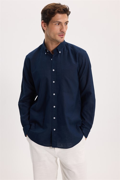 Erkek Regular Fit Klasik Kesim Oversize Pamuklu Keten Doku Düğmeli Yaka Lacivert Gömlek