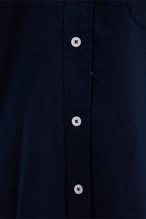 Erkek Regular Fit Klasik Kesim Oversize Pamuklu Keten Doku Düğmeli Yaka Lacivert Gömlek