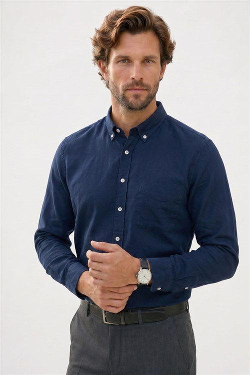 Erkek Regular Fit Klasik Kesim Oversize Pamuklu Keten Doku Düğmeli Yaka Lacivert Gömlek