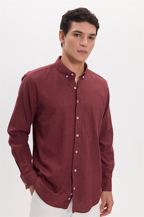 Erkek Regular Fit Klasik Kesim Oversize Pamuklu Keten Doku Düğmeli Yaka Bordo Gömlek