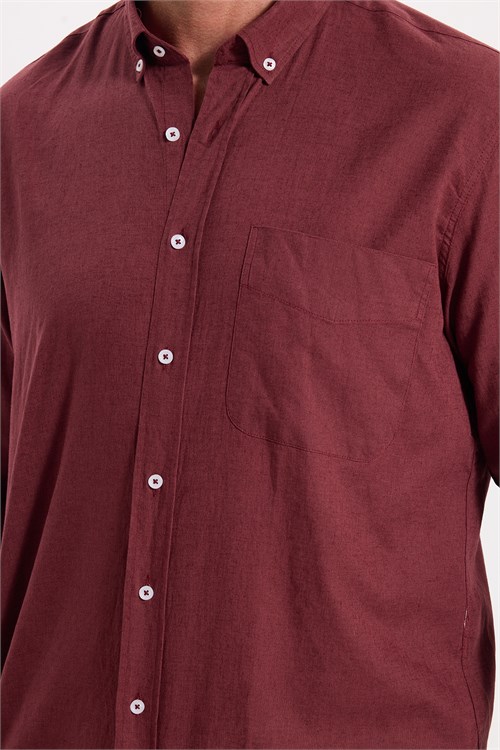 Erkek Regular Fit Klasik Kesim Oversize Pamuklu Keten Doku Düğmeli Yaka Bordo Gömlek