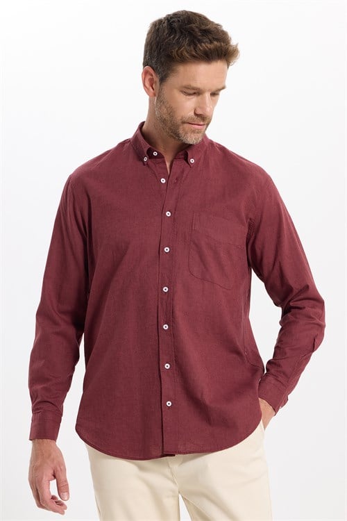 Erkek Regular Fit Klasik Kesim Oversize Pamuklu Keten Doku Düğmeli Yaka Bordo Gömlek