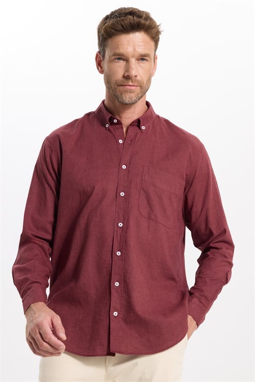 Erkek Regular Fit Klasik Kesim Oversize Pamuklu Keten Doku Düğmeli Yaka Bordo Gömlek