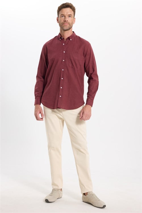 Erkek Regular Fit Klasik Kesim Oversize Pamuklu Keten Doku Düğmeli Yaka Bordo Gömlek