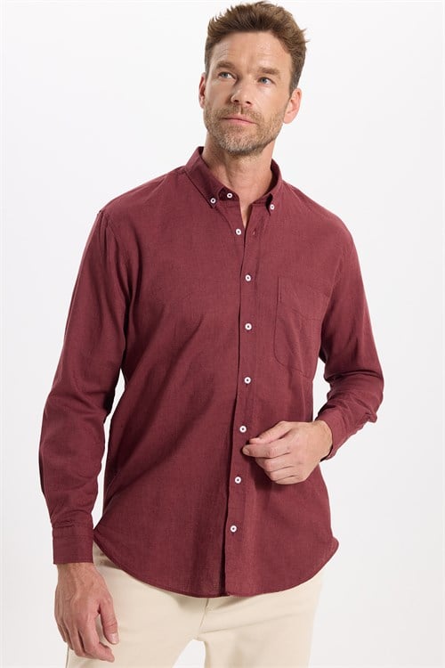 Erkek Regular Fit Klasik Kesim Oversize Pamuklu Keten Doku Düğmeli Yaka Bordo Gömlek