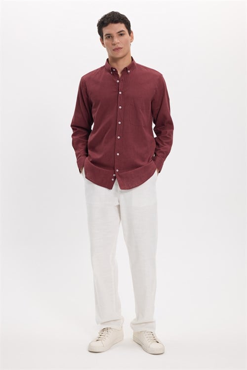 Erkek Regular Fit Klasik Kesim Oversize Pamuklu Keten Doku Düğmeli Yaka Bordo Gömlek