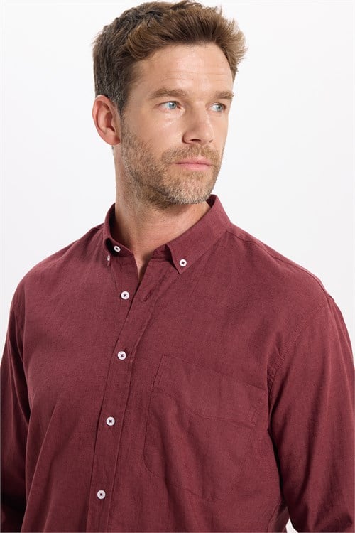Erkek Regular Fit Klasik Kesim Oversize Pamuklu Keten Doku Düğmeli Yaka Bordo Gömlek