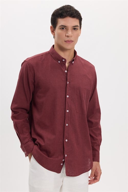 Erkek Regular Fit Klasik Kesim Oversize Pamuklu Keten Doku Düğmeli Yaka Bordo Gömlek