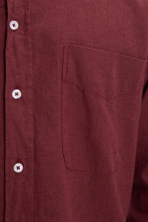 Erkek Regular Fit Klasik Kesim Oversize Pamuklu Keten Doku Düğmeli Yaka Bordo Gömlek