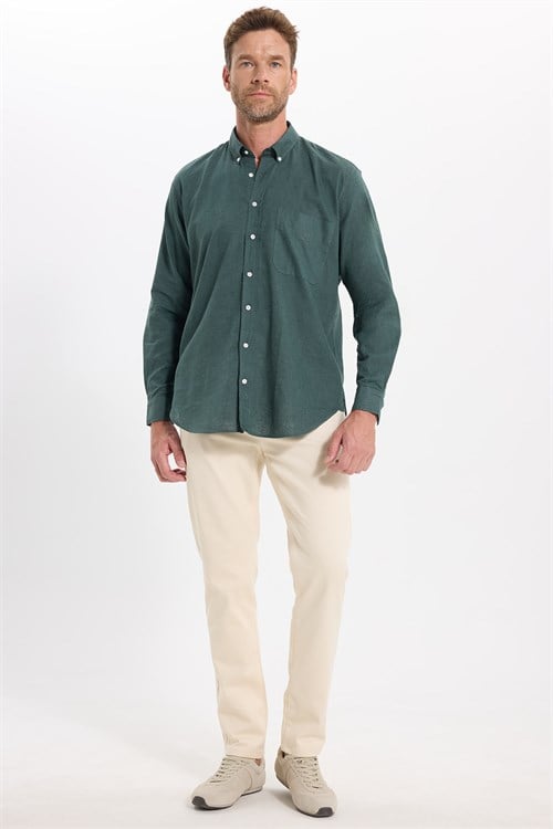 Erkek Regular Fit Klasik Kesim Oversize Pamuklu Keten Doku Düğmeli Yaka Yeşil Gömlek