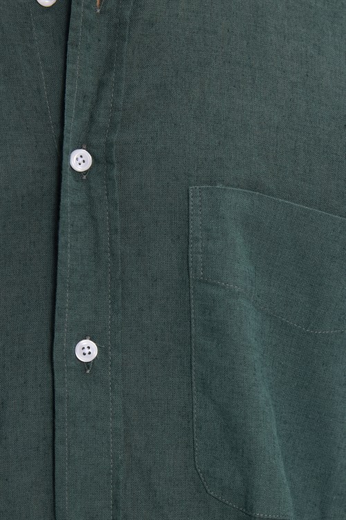 Erkek Regular Fit Klasik Kesim Oversize Pamuklu Keten Doku Düğmeli Yaka Yeşil Gömlek